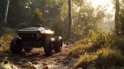 Fototapeta premium An autonomous robotic vehicle navigating through complex terrain with advanced sensors and algorithms, demonstrating the precision and reliability of robotic systems in autonomous mobility,
