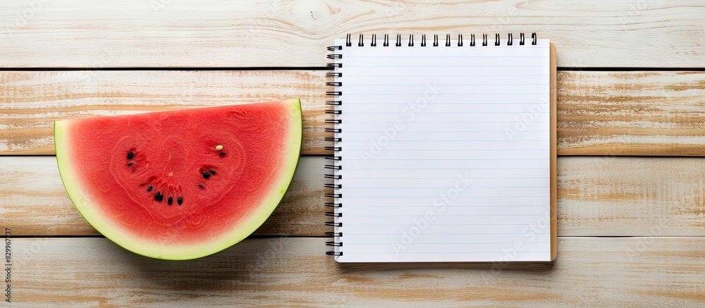 Aufkleber an overhead view of a slice of fresh and juicy watermelon placed on a bamboo cutting board along wit