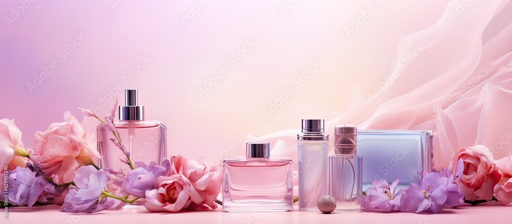 Poster A pastel background showcasing decorative cosmetics with a hint of perfume presenting an alluring copy space image
