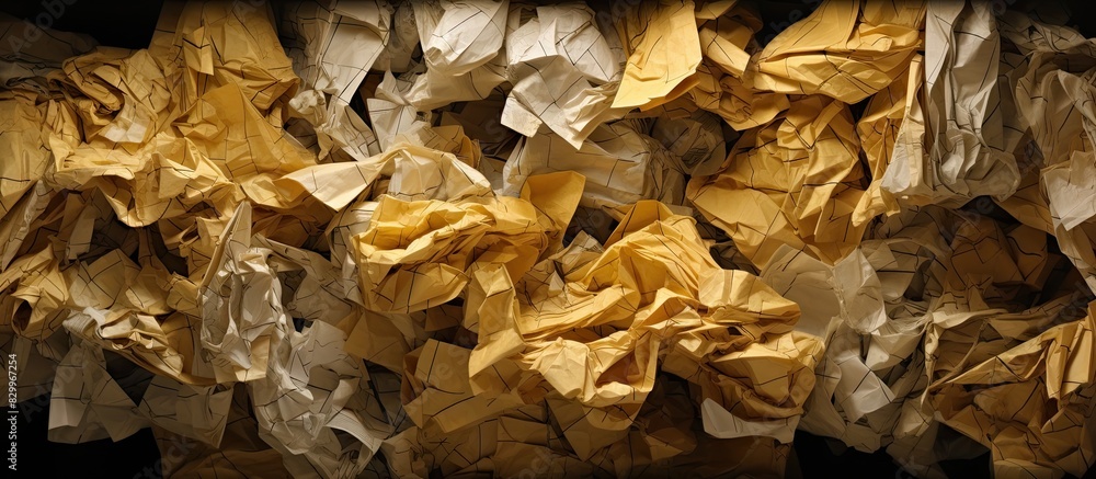 Poster arranged wrinkled notes and crumpled memos with critical data presented recent ideas highlighting im