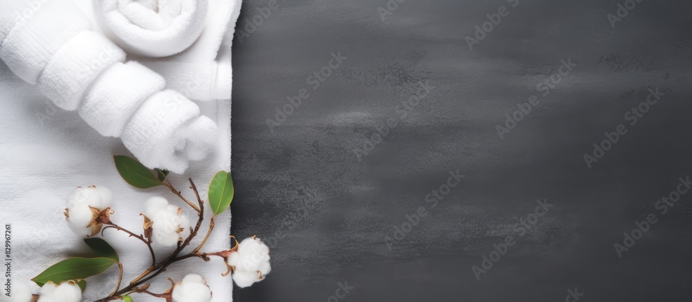 Poster grey background with a flat lay composition of cotton and towel representing the concept of a spa id