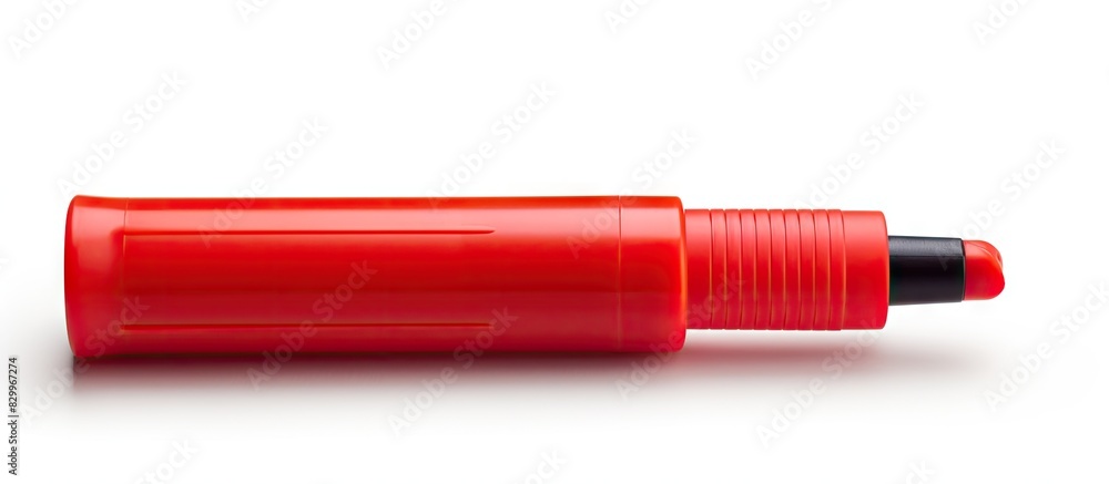Poster A red marker pen with a removable cap and stripes on the handle shown on a white background in a copy space image