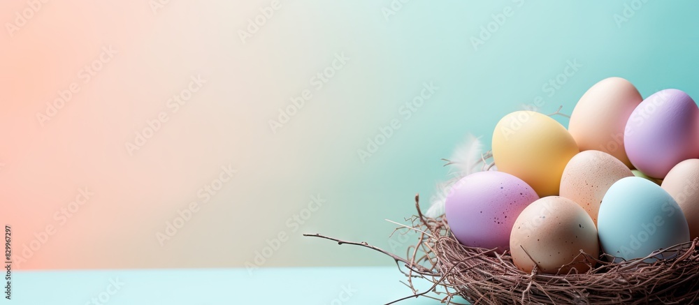 Poster There is a colorful nest with Easter eggs on a pastel background and plenty of copy space