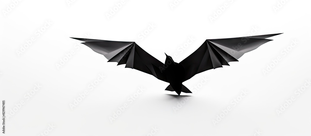 Poster in an isolated white background a black origami bird gracefully soars through the air providing ampl