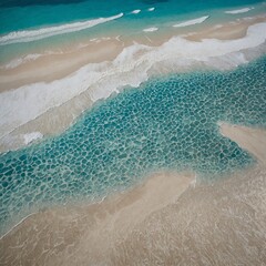 "A mosaic world map overlaying a beach scene with turquoise waters and white sands."