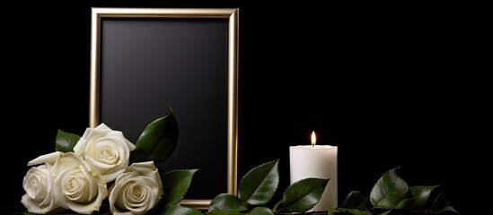 An elegant photo frame for a funeral featuring a ribbon white rose and candle placed on a dark table against a black backdrop providing ample room for design