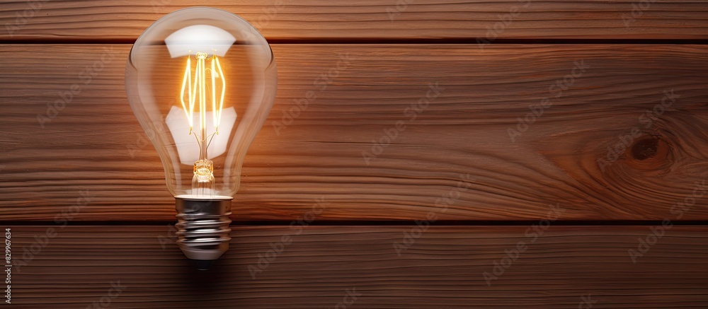 Poster a led light bulb is seen from a top view against a wooden background providing plenty of space for a