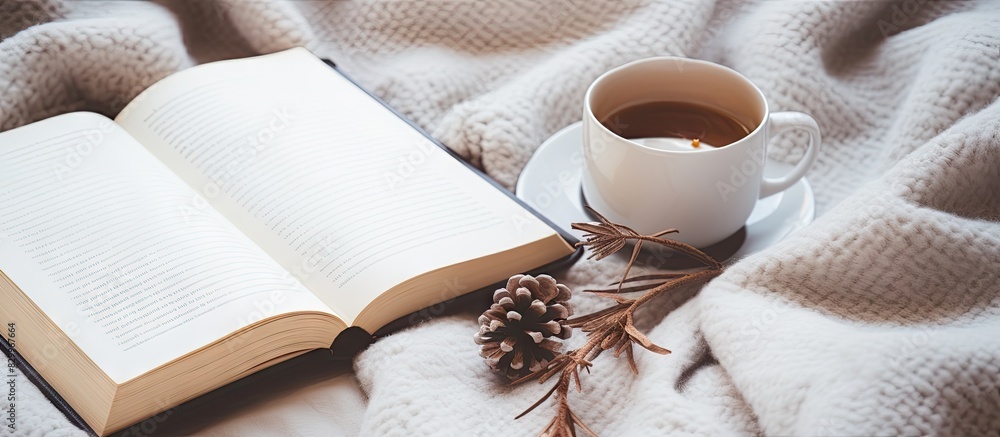 Leinwandbilder a cozy blanket an open book and a hot cup of coffee rest on a bed on a cold winter day promoting rel