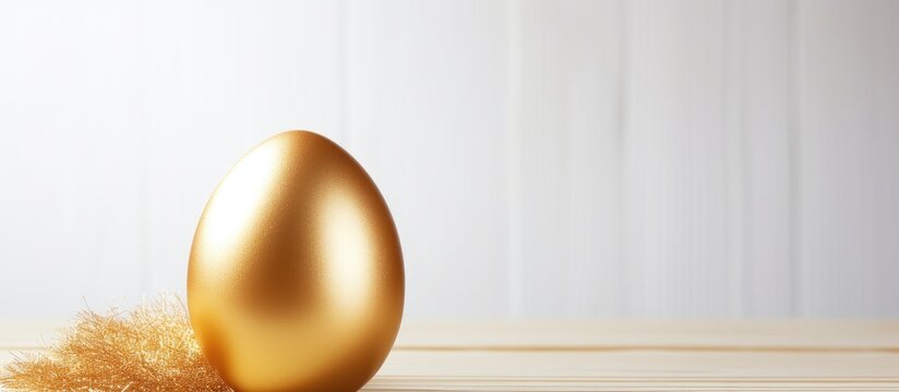 A golden Easter egg placed on a white wooden background creating a visually appealing copy space image 103 characters
