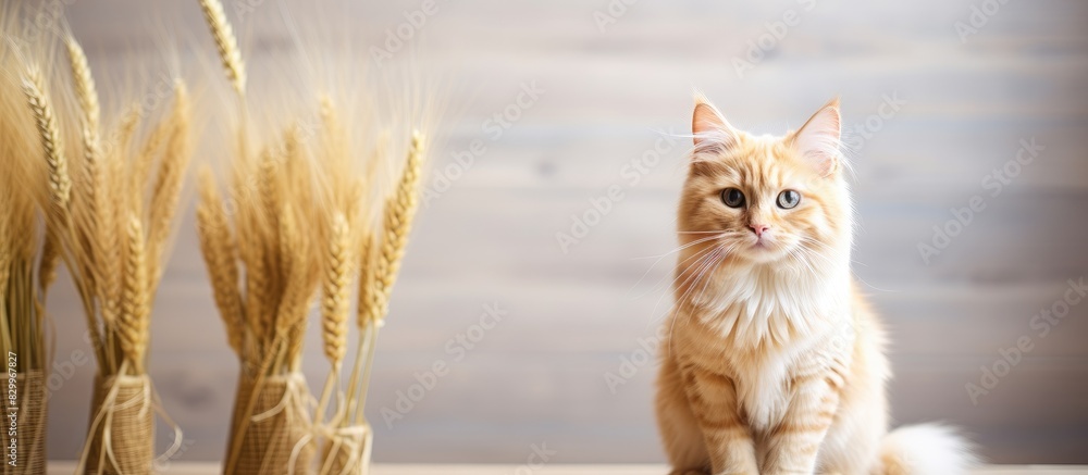 Poster Cute khao manee cat sitting next to spikelets indoors providing a blank space for text Lovely and fluffy pet. with copy space image. Place for adding text or design