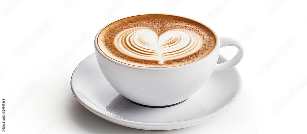 Poster Isolated on white there is a cappuccino with a heart shape The image includes copy space with a clipping path
