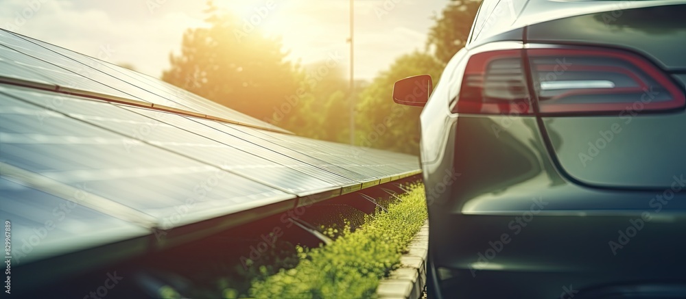 Poster background of solar panels with a close up of an electric car charging station copy space image