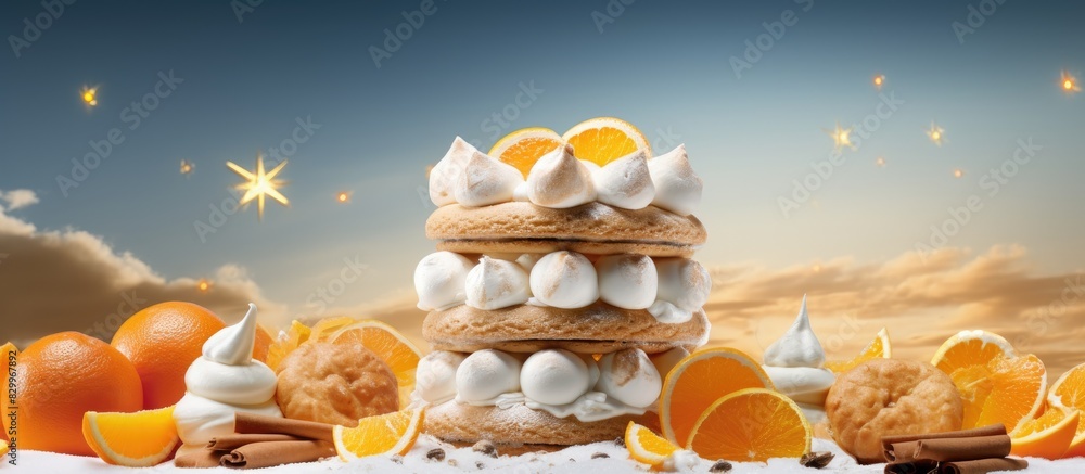 Poster a cake adorned with ginger cookies marshmallows and tangerines creating a visually appealing copy sp
