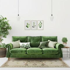 Green sofa and decor in living room UHD Wallpapar