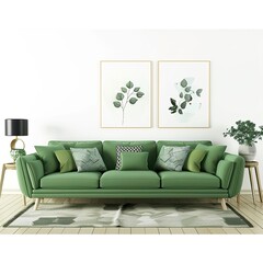 Green sofa and decor in living room UHD Wallpapar