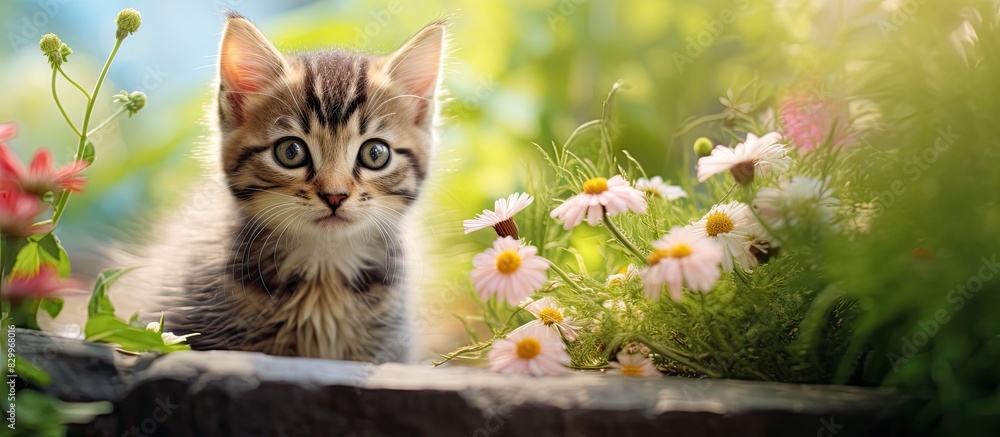 Aufkleber a cute tabby kitten exploring a vibrant summer garden with plenty of space for a copy space image