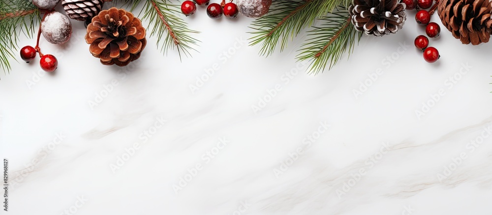 Poster a festive christmas background featuring a pinophyta tree branch adorned with brown pinecones tree l