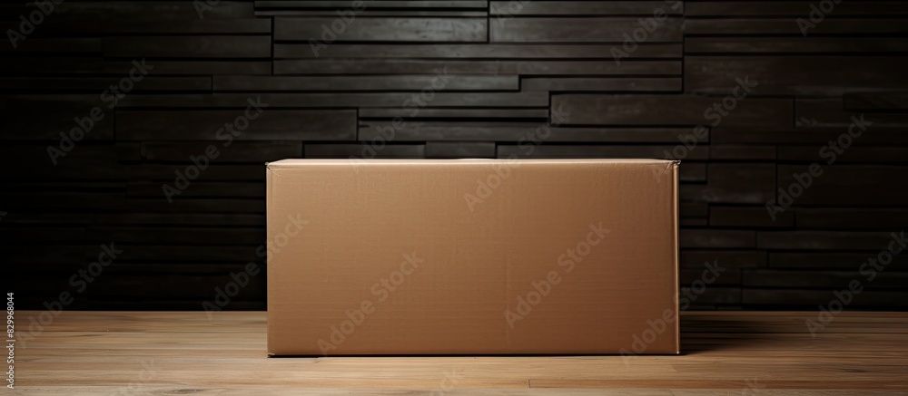 Poster A cardboard box sits open on a black wooden table with a beige background creating a copy space image