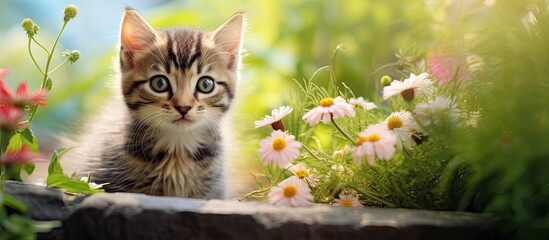 A cute tabby kitten exploring a vibrant summer garden with plenty of space for a copy space image