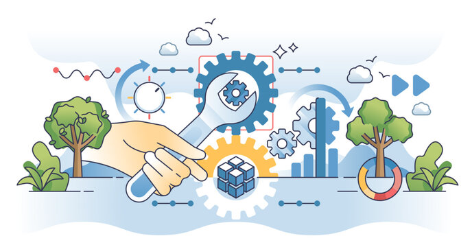 Business process reengineering or BPR for transformation outline concept, transparent background. Effective company improvement with changes in performance and management illustration.