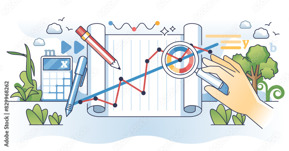 Poster data visualization tools and statistic information research outline concept, transparent background.