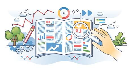 Data journalism and media article information research outline hands concept, transparent background. Daily paper content fact check and reportage analytics illustration.