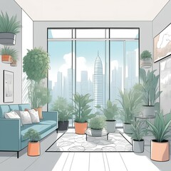 luxurious loft apartment window; minimalistic interior living room design; 3D Illustration