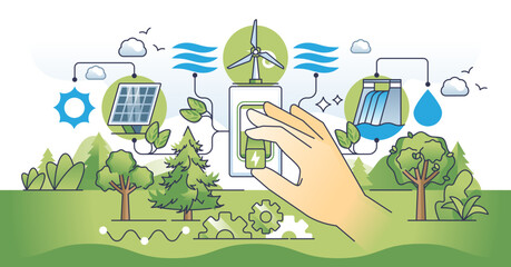 Clean energy shift and choosing green power production outline hands concept, transparent background. Renewable and alternative electricity sources with solar.