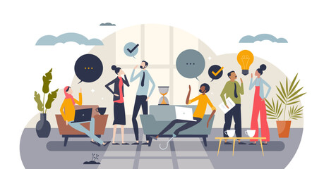Diversity and inclusion in workplace with acceptance tiny person concept, transparent background. Business environment with ethnical, gender, racial and individualities illustration.