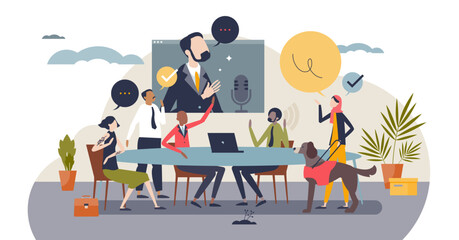 Diversity and inclusion in workplace with work employees tiny person concept, transparent background. Different individuality, genders, personality, style and ethnic members in office illustration.