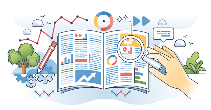 Data journalism and media article information research outline hands concept, transparent background. Daily paper content fact check and reportage analytics illustration.