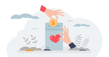 Giving campaigns and financial money donation box tiny person hands concept, transparent background.Poverty awareness, social assistance and volunteering projects illustration.