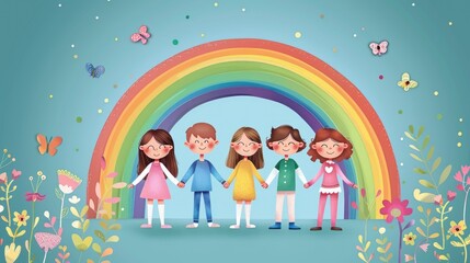 Fototapeta premium Cartoonist type kids or people holding hands and rainbow lines