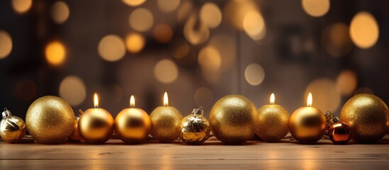 A festive scene with burning candles on a wooden table under a Christmas tree adorned with toys The background features gold bokeh lights creating a charming atmosphere Wishing you a Merry Christmas