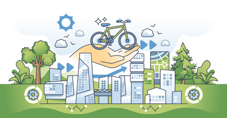 Green commute and nature friendly transportation outline hands concept, transparent background. Sustainable mobility solutions for carbon free urban area or residential city illustration.