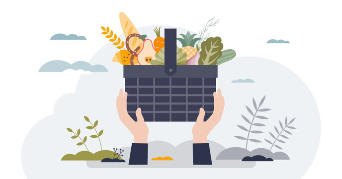 Food drive as grocery donation for poor community tiny person hands concept, transparent background. Full basket with healthy products for eating illustration. Volunteer giving ingredients. - Powered by Adobe