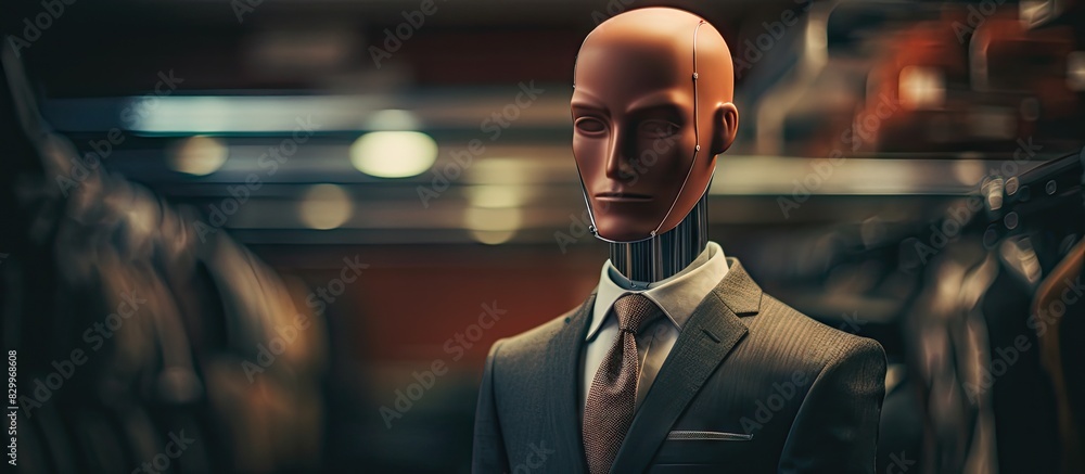 Poster close up of a mannequin in a tailor shop with an incomplete suit jacket perfect for adding text. wit