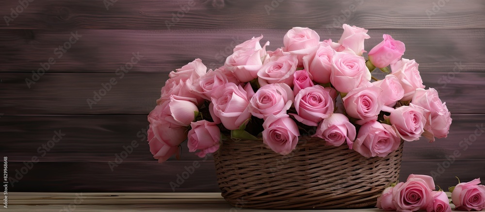 Poster a beautiful bouquet of pink roses arranged in a basket with a copy space image set against a wooden 