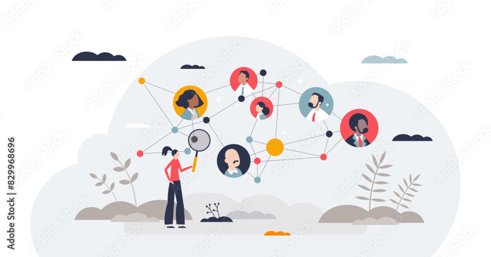 Poster people analytics and hr data research for effective teamwork tiny person concept, transparent backgr