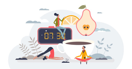 Morning routines as activities after waking up from sleep tiny person concept, transparent background. Alarm clock, healthy breakfast, coffee drinking and morning yoga ritual.