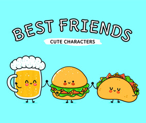 Cute, funny happy glass of beer taco hamburger. Vector hand drawn cartoon kawaii characters, illustration icon. Funny cartoon glass of beer taco hamburger mascot friends concept