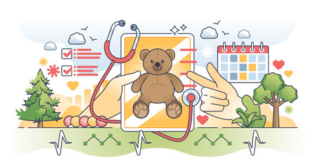 Pediatric EMR or electric medical records database outline hands concept, transparent background. Digital healthcare management system for children hospital or clinic illustration.