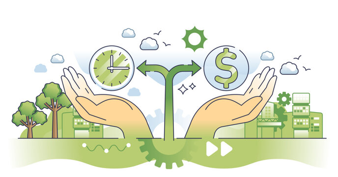 Opportunity costs with compared financial expenses outline hands concept, transparent background. Future decision with profit, time spend or possible earning calculation illustration.