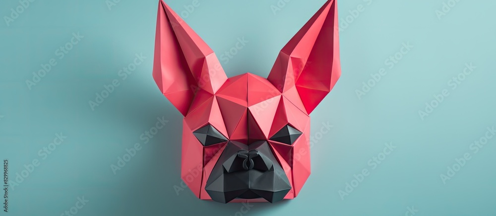 Poster an adorable french bulldog mask made from origami paper perfect for cosplay or playtime. with copy s