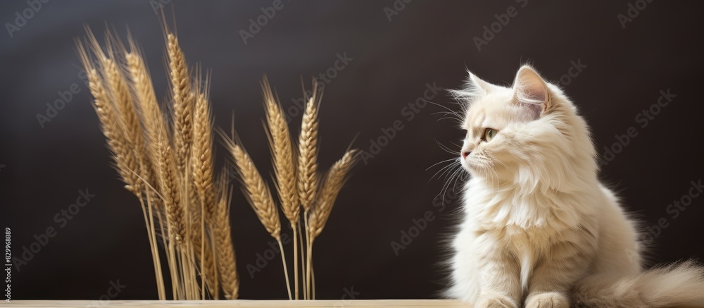Poster Cute khao manee cat sitting next to spikelets indoors providing a blank space for text Lovely and fluffy pet. with copy space image. Place for adding text or design
