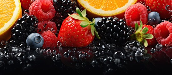A fresh background of ripe sweet fruits and berries covered in water droplets providing a copy space image for your text while representing the vegan and vegetarian concept - Powered by Adobe