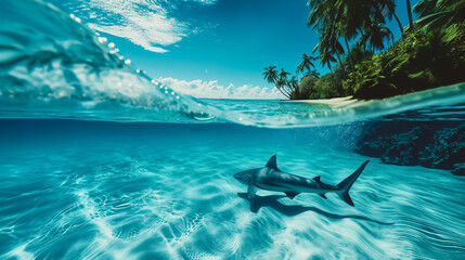 Obraz premium Sharks cruise deep waters, split-view unveils serene beach and palm paradise 