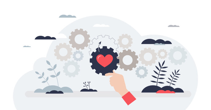 Social entrepreneurship and society impact work tiny person hands concept, transparent background. Business for honest, innovative and community problem solving cause illustration.