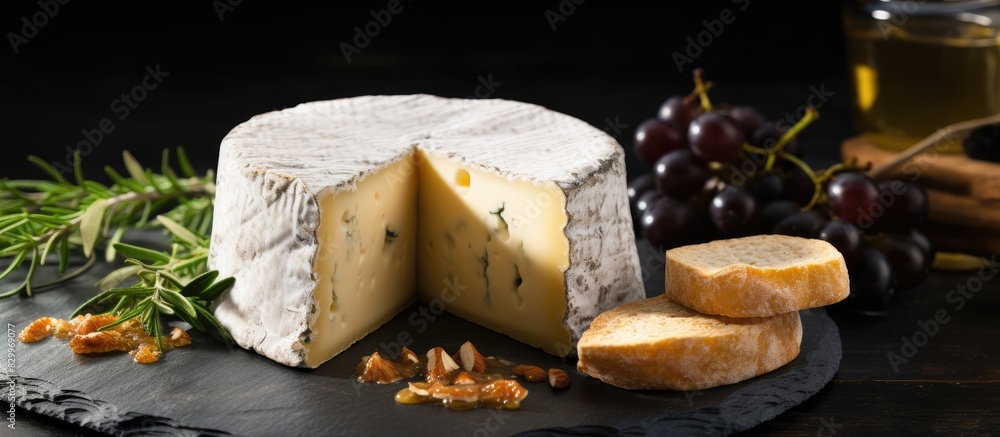Poster aged goat cheese on a slate board surrounded by chunks of hard cheese the long ripening process give