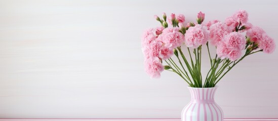 A copy space image of pink carnations displayed in a vase with stripes against a white wall